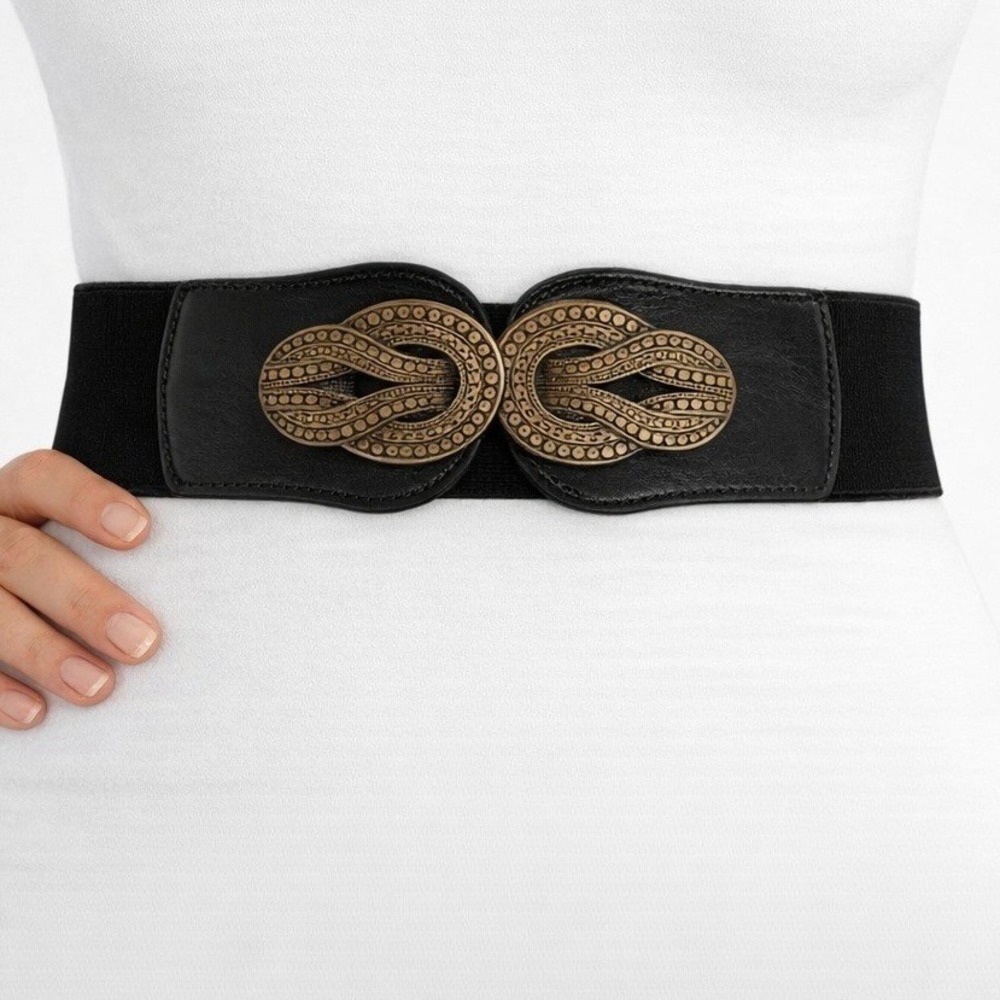 ModCloth Womens Black Elastic Cinch Belt Brass Interlocking Buckle New RN138432